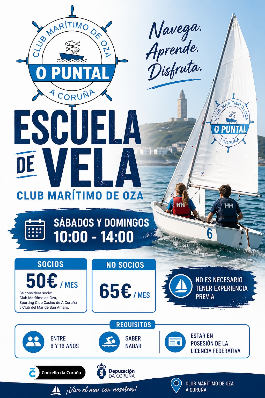 Cartel de la Escuela de Vela de O Puntal con precio especial para socios del Club del Mar de San Amaro