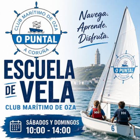 Cartel de la Escuela de Vela de O Puntal con precio especial para socios del Club del Mar de San Amaro