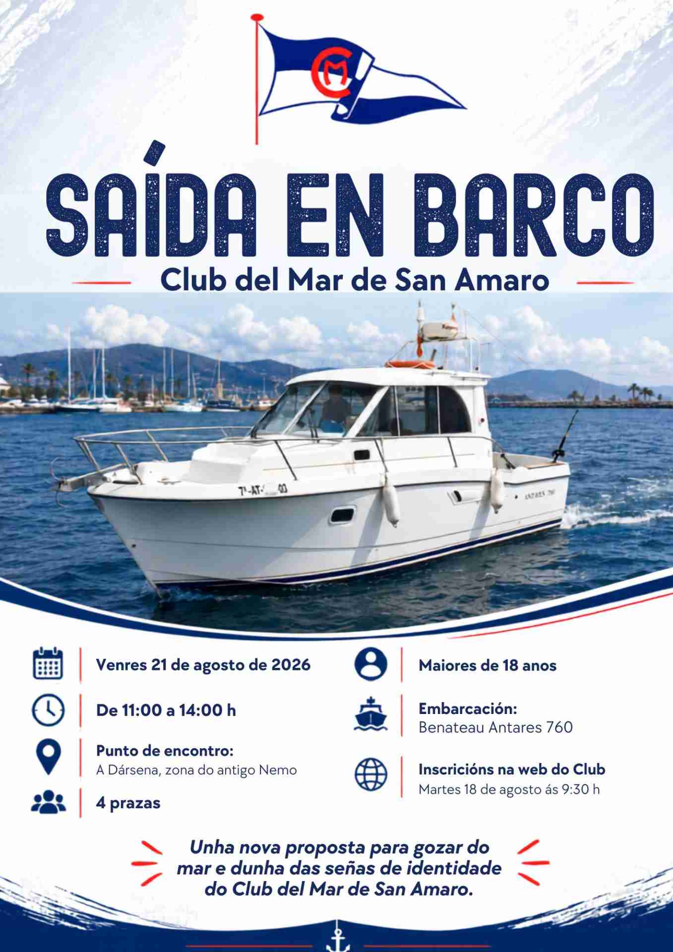 Salida en barco del Club del Mar de San Amaro en A Coruña agosto 2026